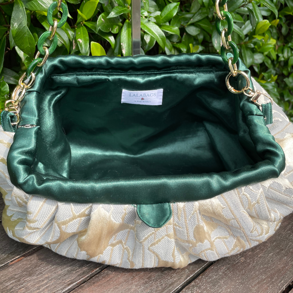 Borsa a mano in broccato e raso a contrasto