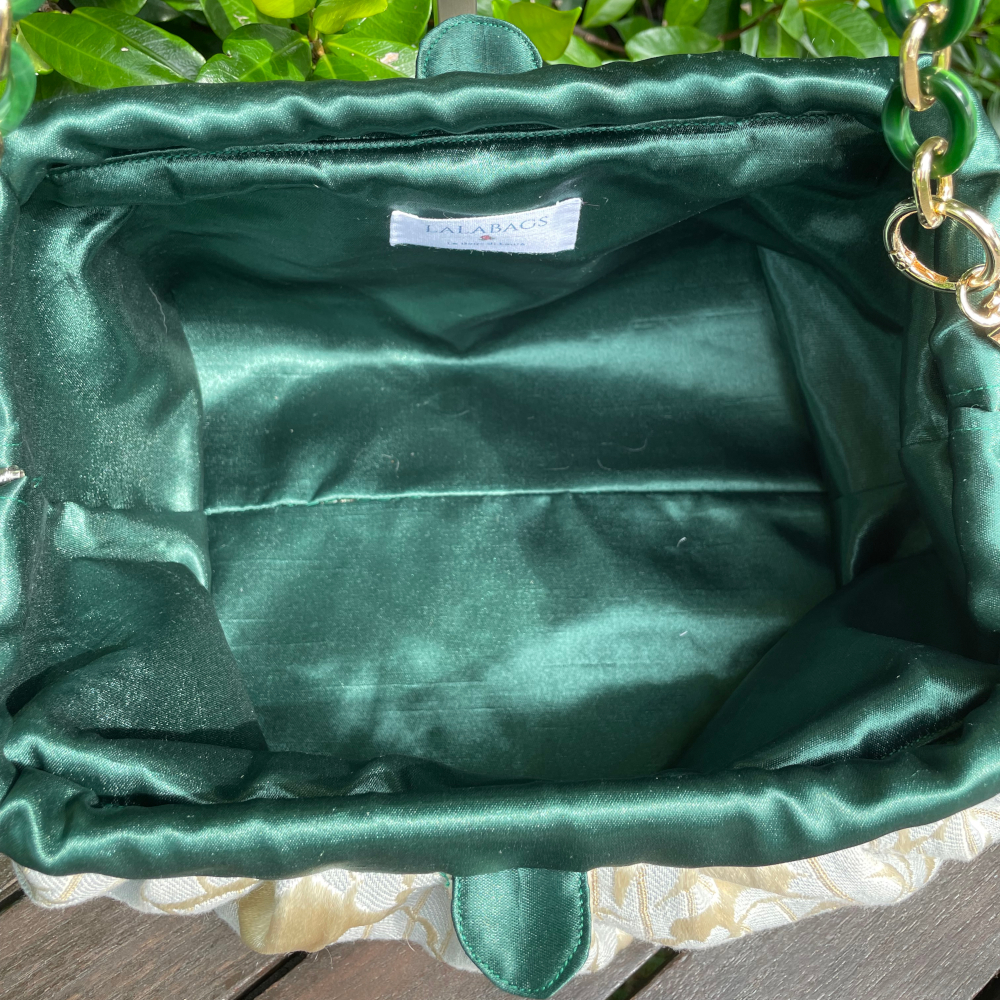 Borsa a mano in broccato e raso a contrasto